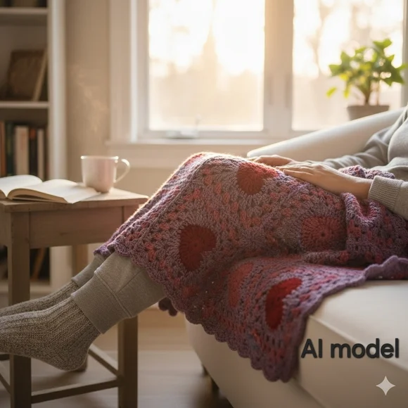 New Handmade Heart Motif Crochet Lap Blanket Pink Red & Purple Granny Square - Picture 3 of 11
